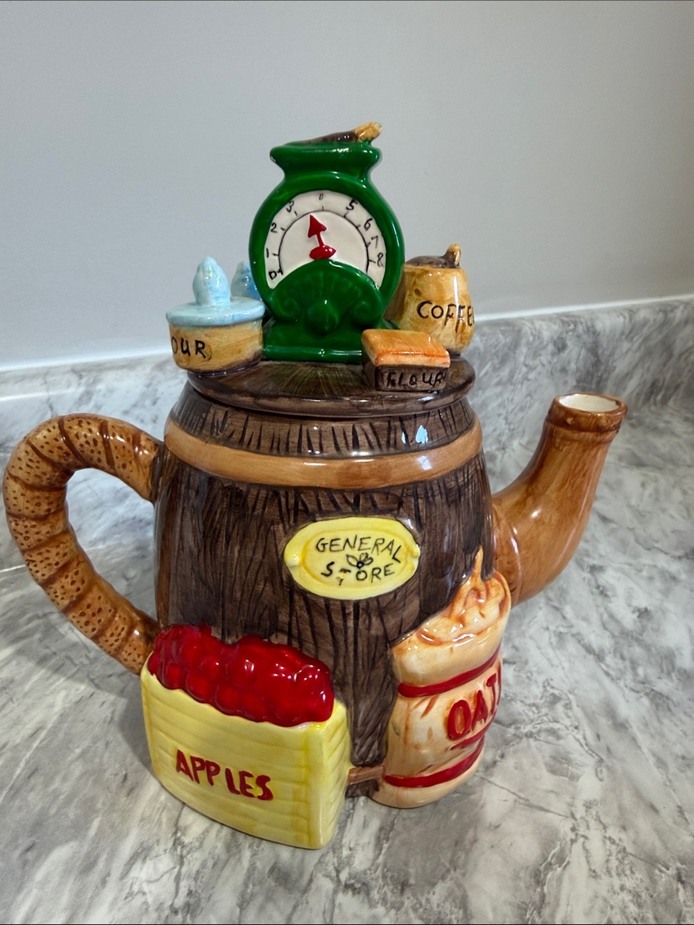 Hand-Painted Ceramic Teapot with Green Scale Accent Rustic Cottagecore